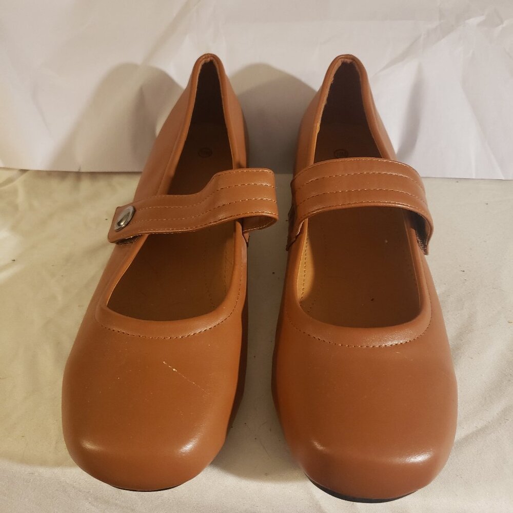 Tan Brown Leather Mary Jane Flats